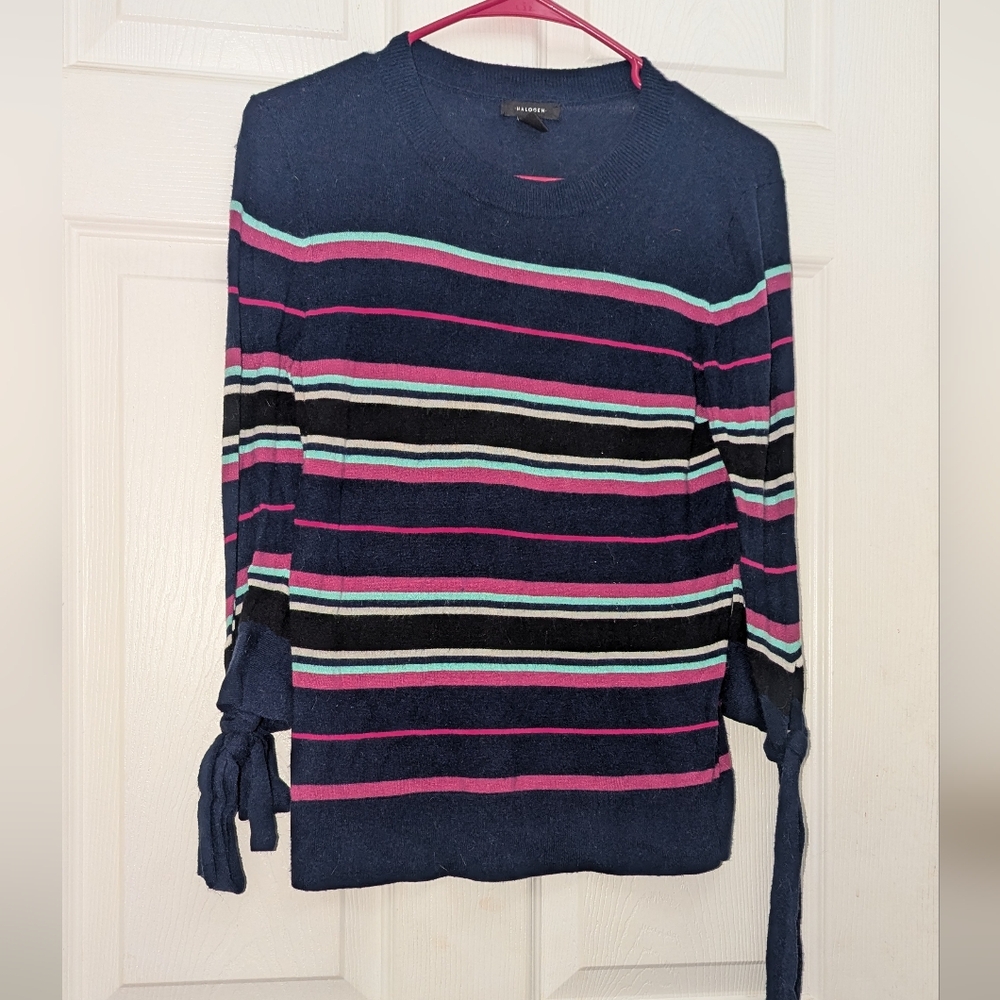 Womens Halogen Sweater Crew Neck Blue Pink Size Small Half Sleeves with Bow